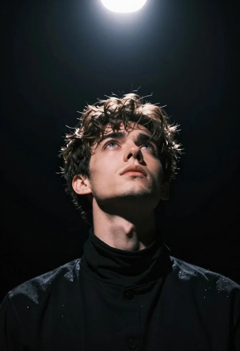 Low angle portrait of young man looking up into bright spotlight - AI generated image prompt sample