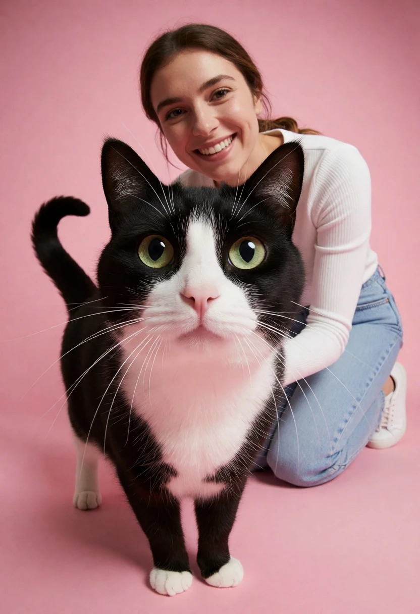 Black and white tuxedo cat close up with smiling woman against pink - AI generated image prompt sample