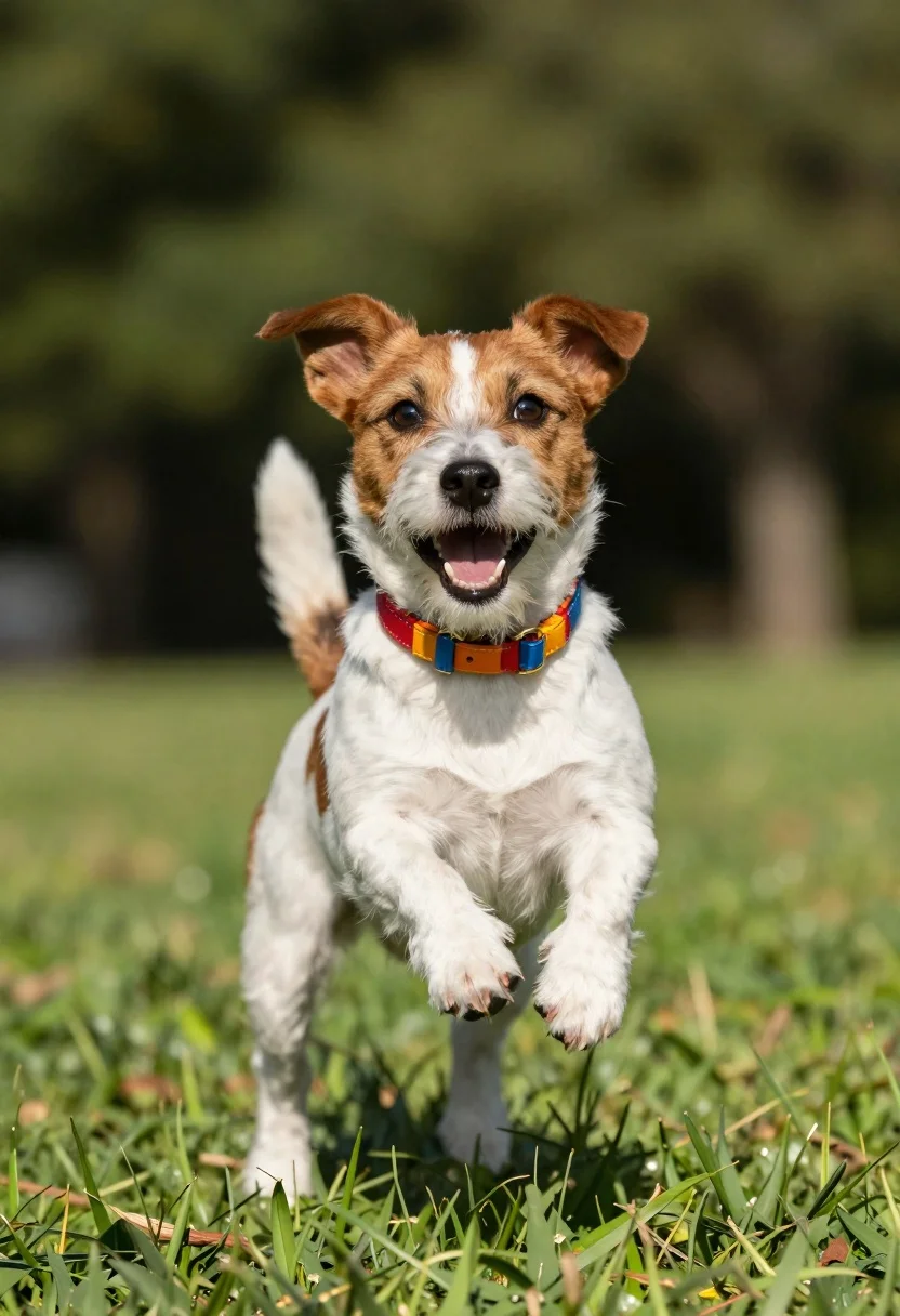 Jack russell terrier jumping on a sunlit green lawn - AI generated image prompt sample