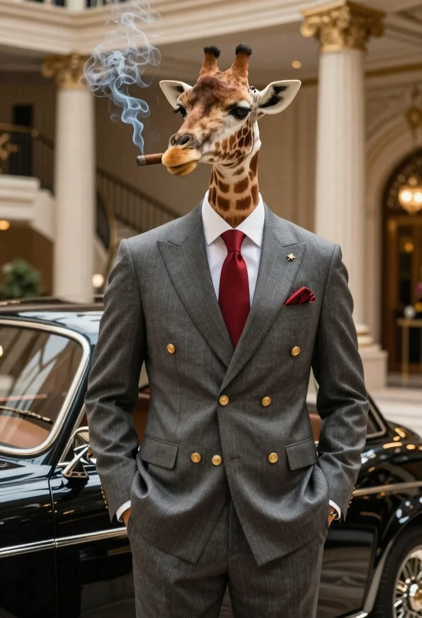 Giraffe in pinstripe suit next to vintage car