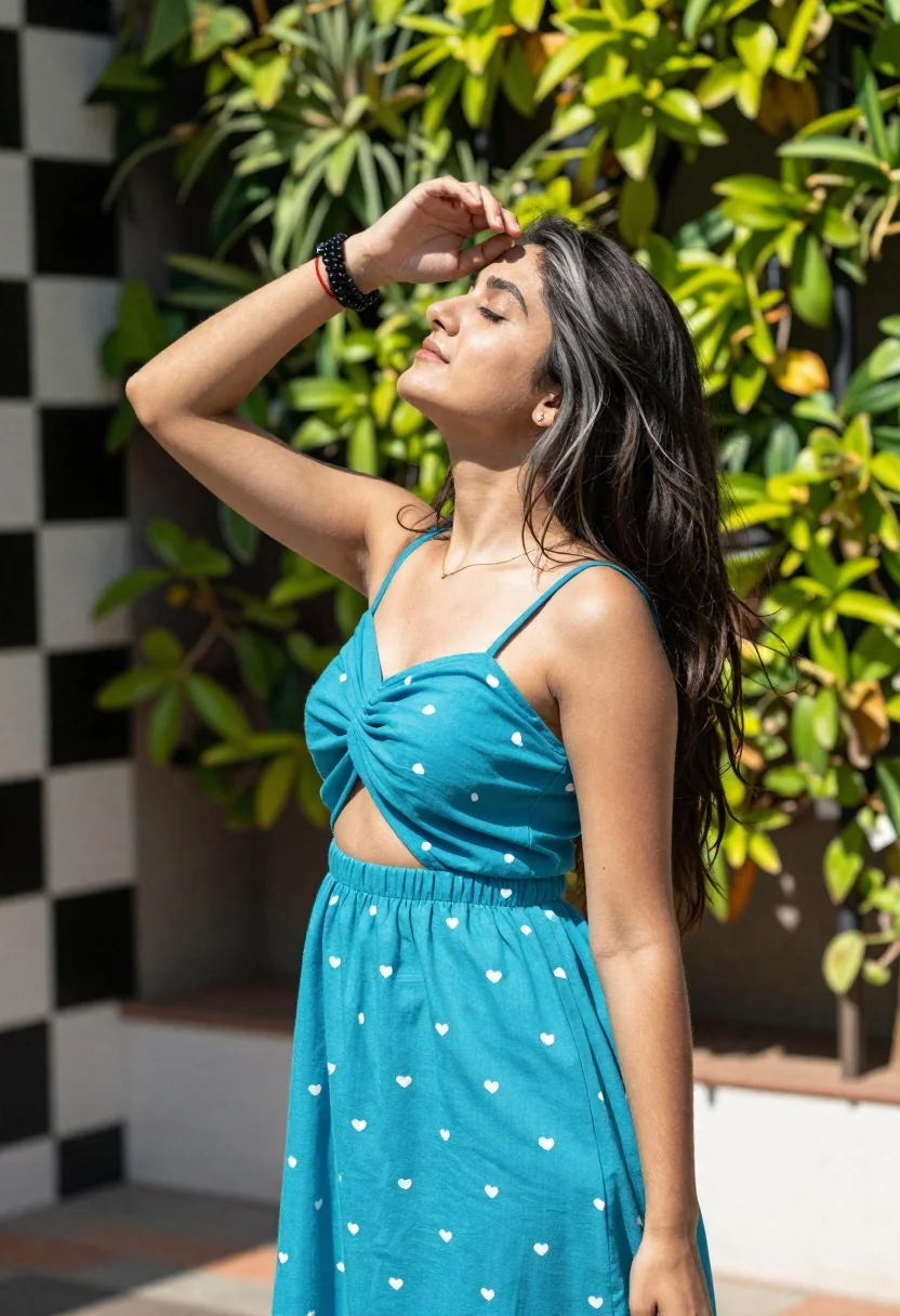 Young woman in turquoise sundress against green garden wall outdoors