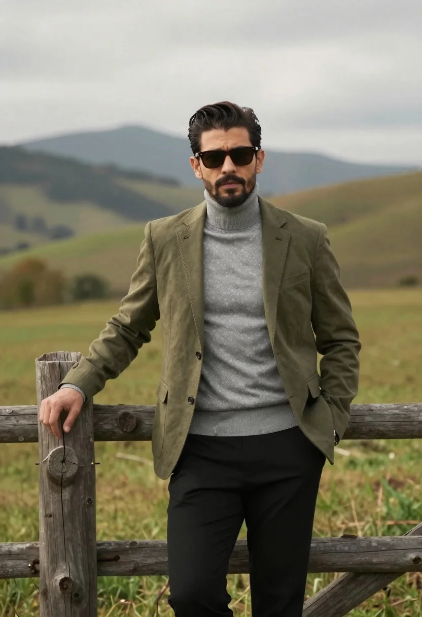 Stylish man in olive blazer leaning on wooden fence in countryside - AI generated image prompt sample