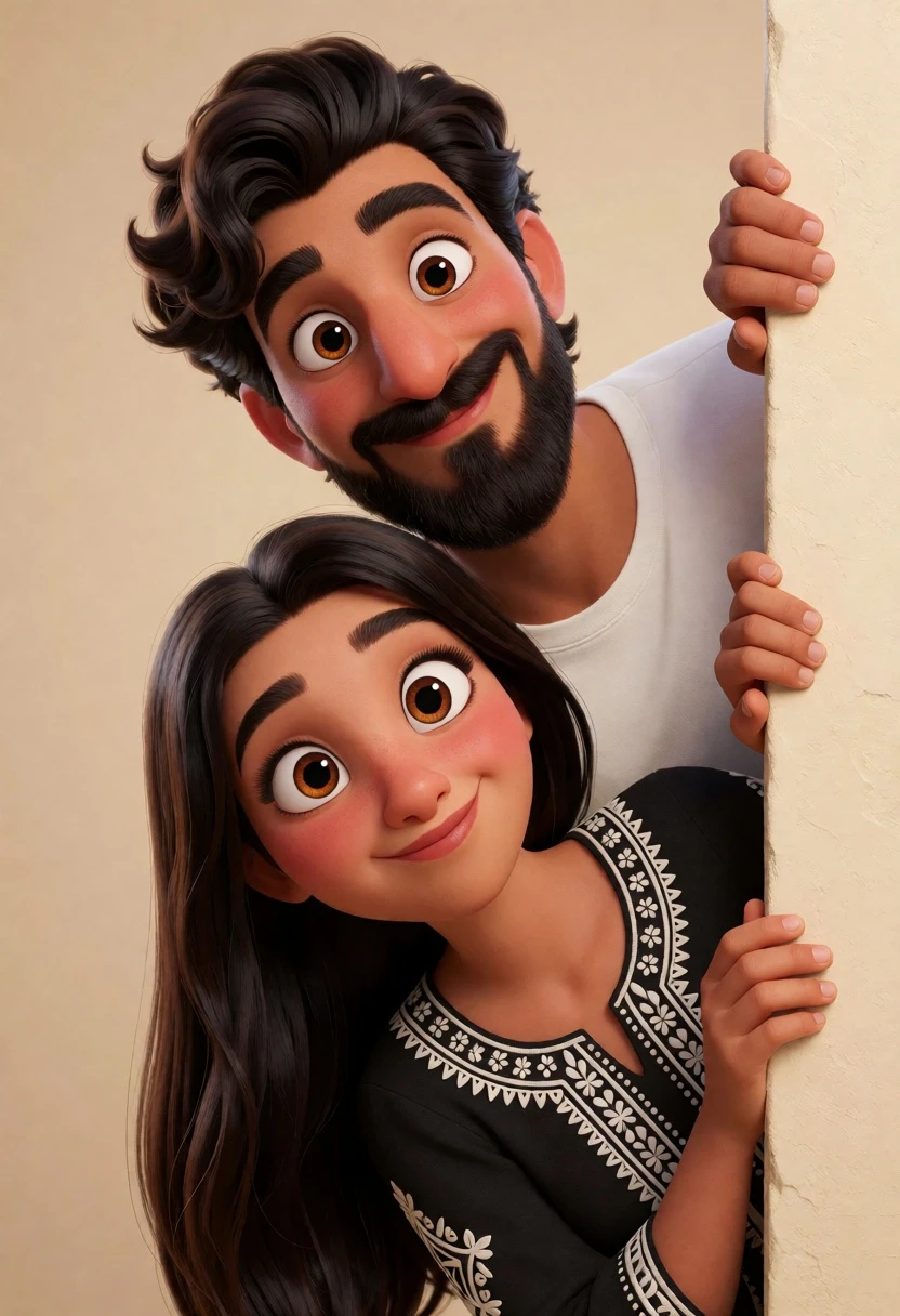 Playful cartoon couple peeking around beige wall edge in studio setting - AI generated image prompt sample