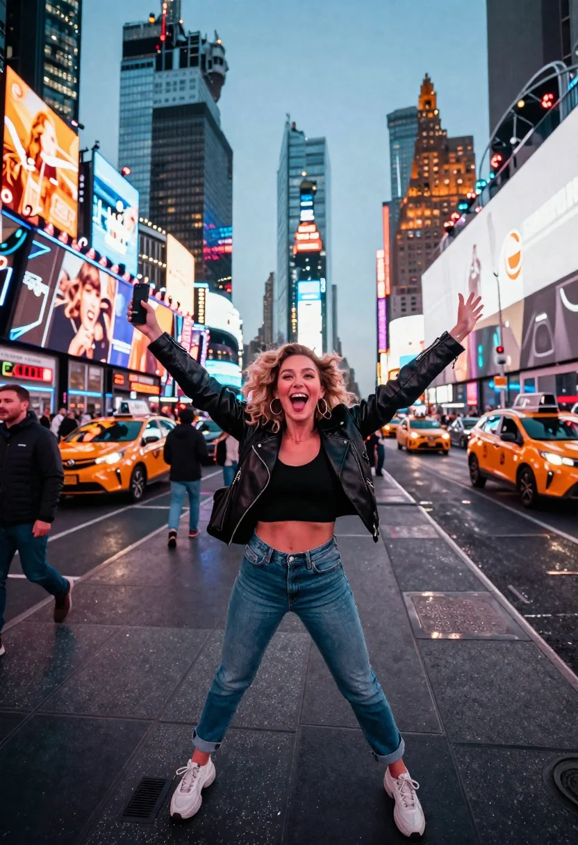 Exhilarated blonde tourist woman in times square at dusk