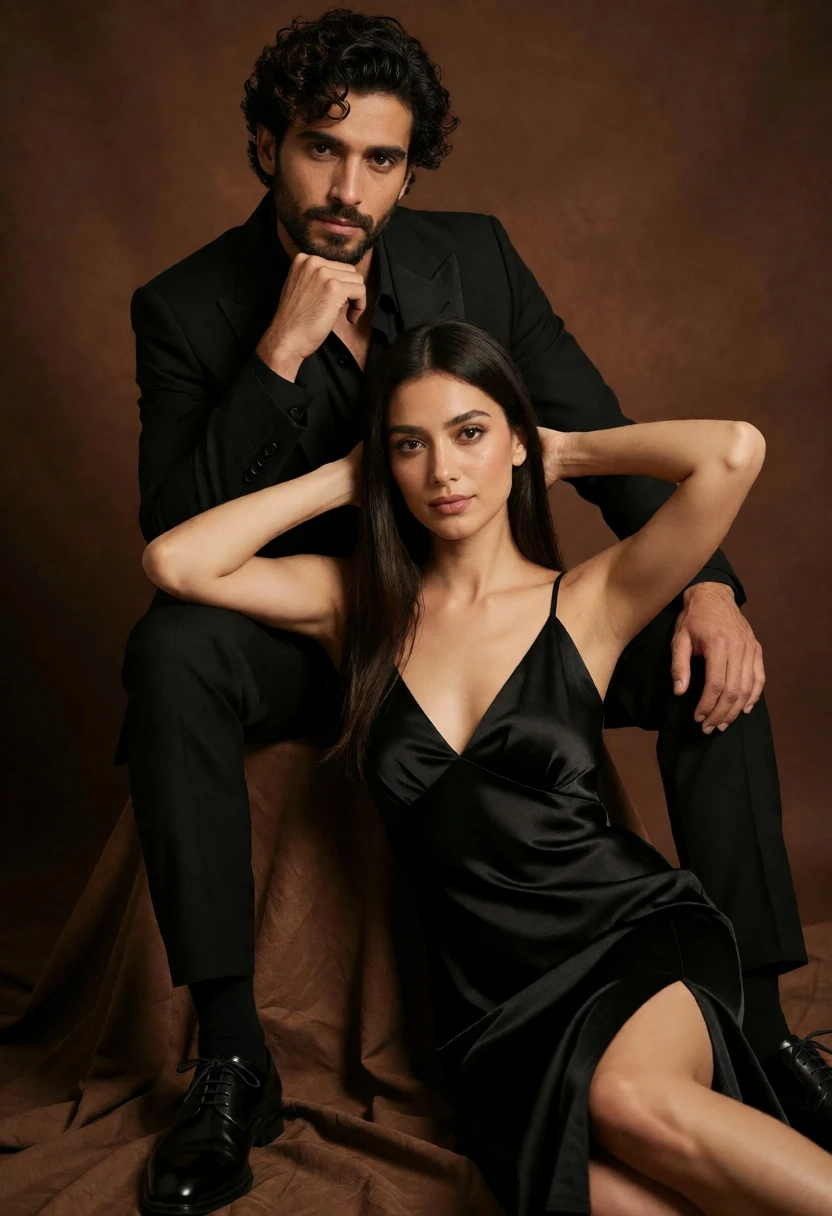 Studio portrait of couple in elegant black attire against warm brown backdrop - AI generated image prompt sample