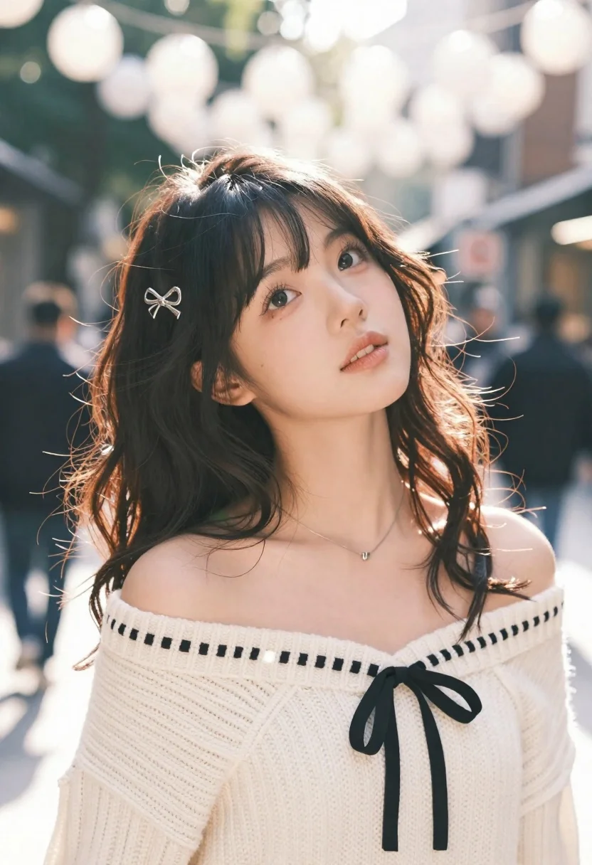 Young woman with dark wavy hair looking up at camera in urban - AI generated image prompt sample