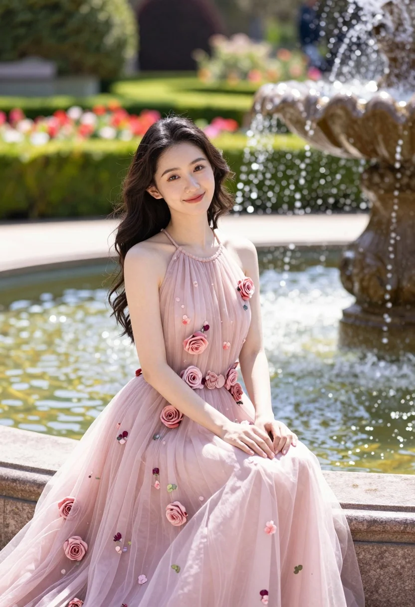 Fairskinned woman in pink floral gown seated by stone fountain in garden - AI generated image prompt sample