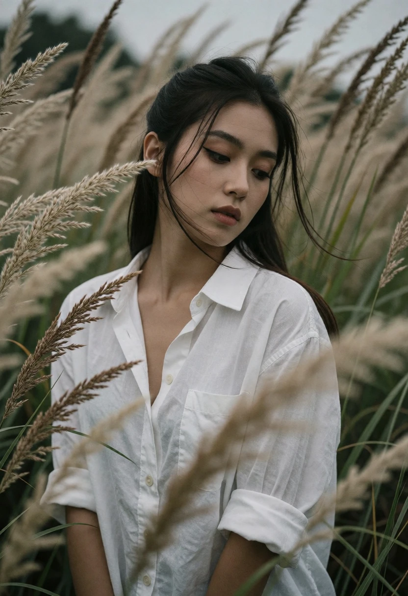 Young woman in white shirt standing in tall swaying grassy field outdoors - AI generated image prompt sample