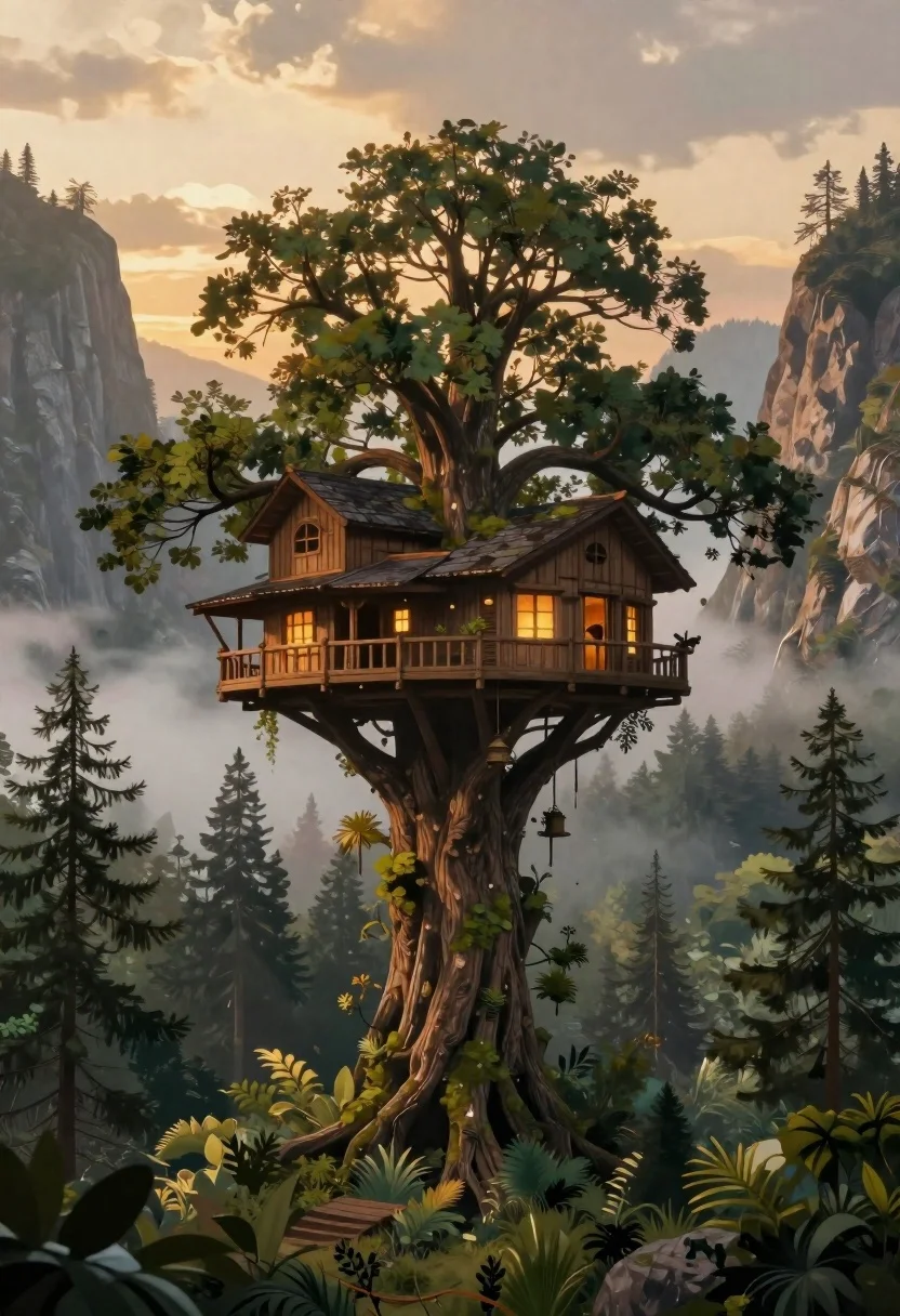 Multilevel treehouse in misty ancient forest canopy