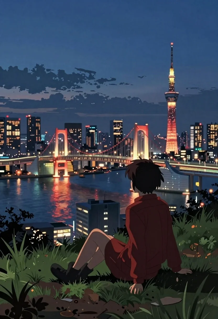Anime figure on hill overlooking futuristic city at twilight