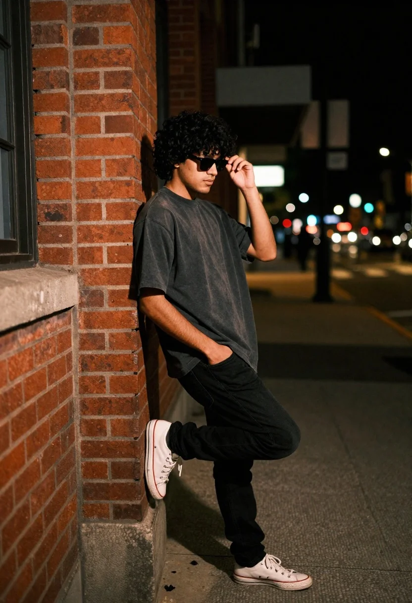 Young man adjusting sunglasses against red brick wall at night - AI generated image prompt sample