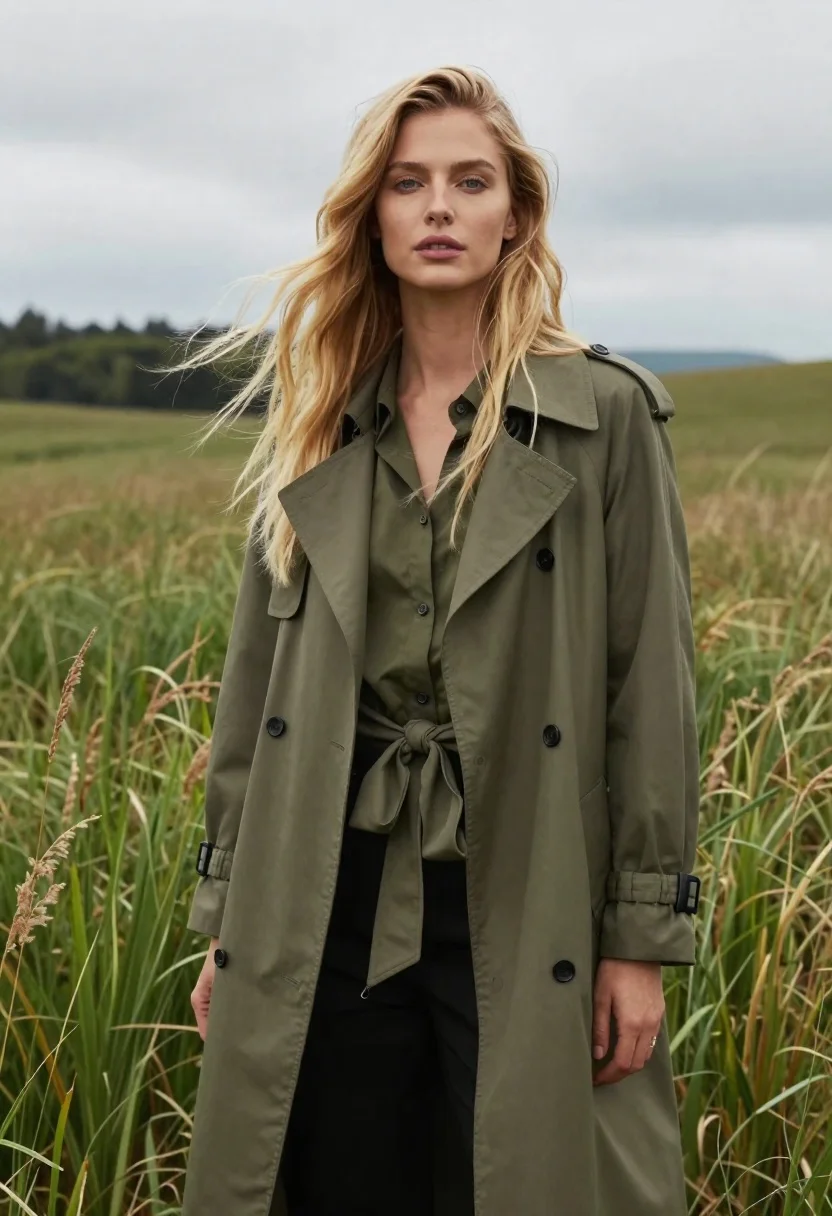 Woman in trench coat standing in tall green grass