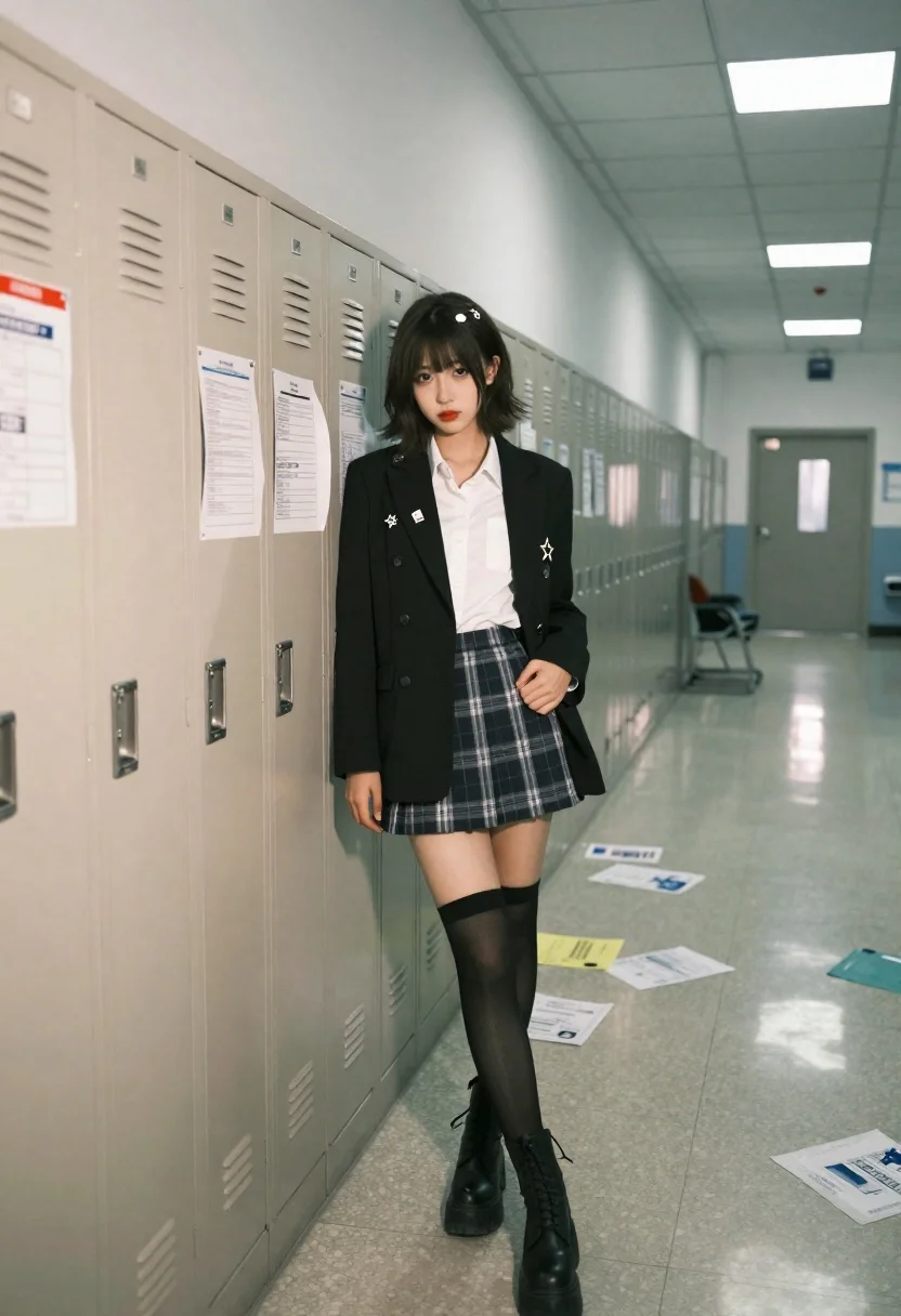 Young woman leaning against beige school lockers