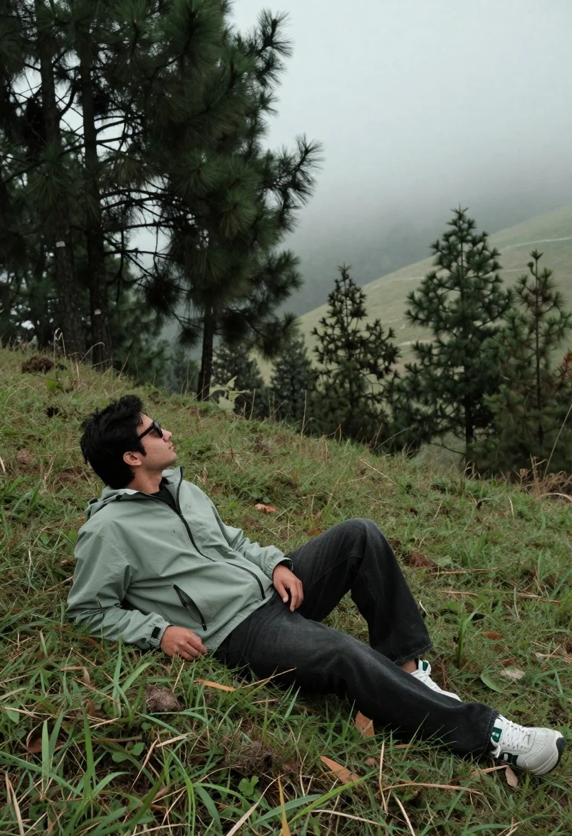 Man reclining on grassy hillside looking up at misty forest landscape - AI generated image prompt sample