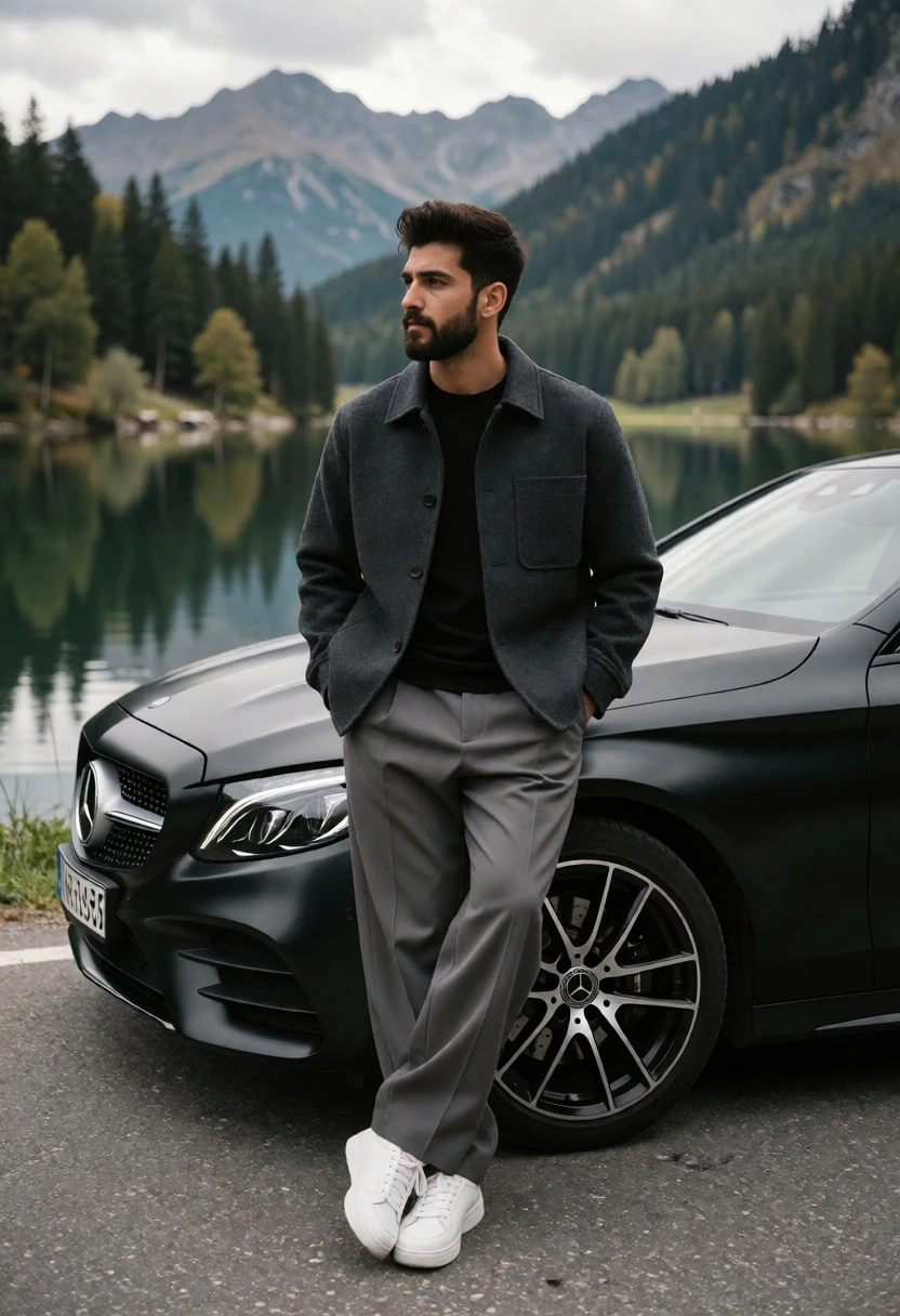 Man leaning on black mercedes sedan by lake with forested mountains background - AI generated image prompt sample