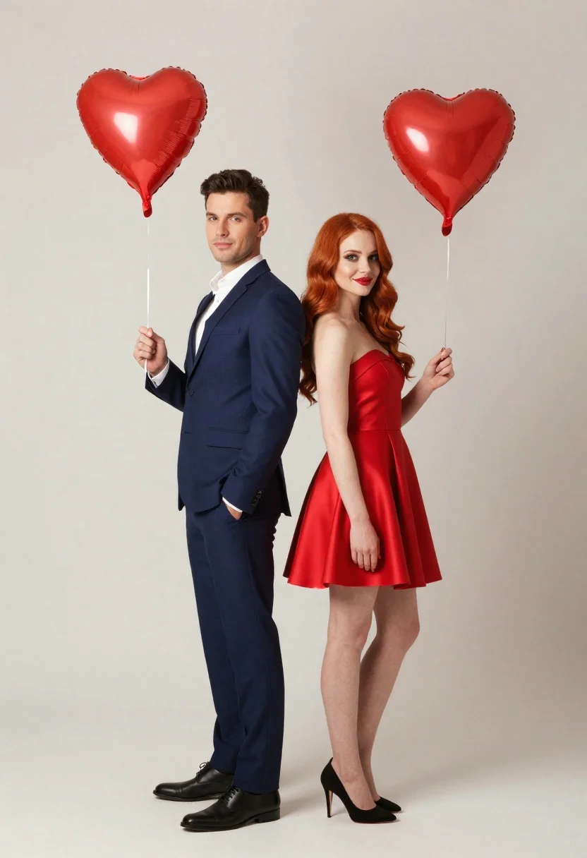 Man and woman in formal attire holding red heart balloons - AI generated image prompt sample