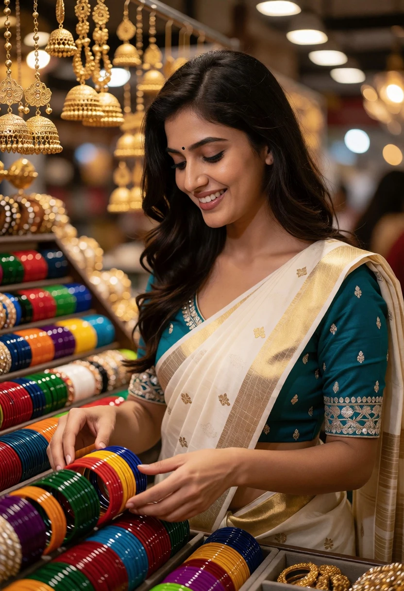 Smiling woman in traditional indian saree at a vibrant jewelry market stall - AI generated image prompt sample