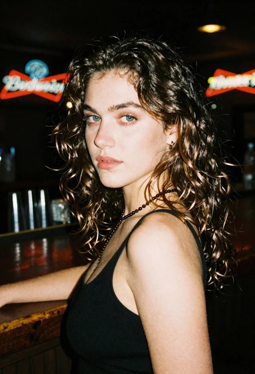 Woman with brown hair looking over shoulder in dim bar