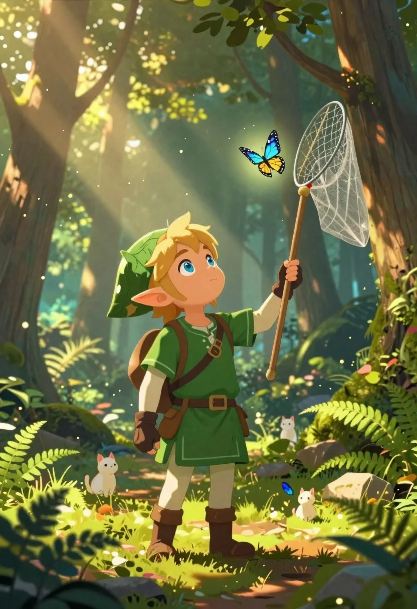 Elf boy looking at butterfly in sunlit forest