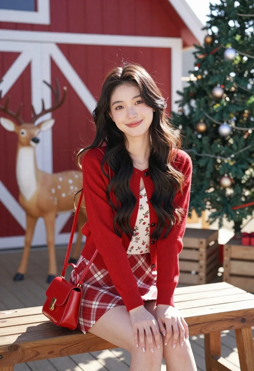 Young woman in red cardigan sitting on bench near christmas tree - AI generated image prompt sample