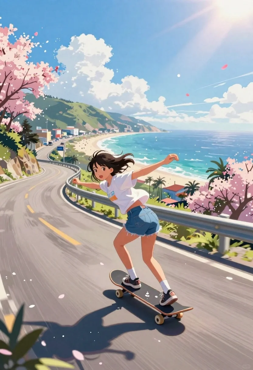 Girl skateboarding on coastal highway with cherry blossoms
