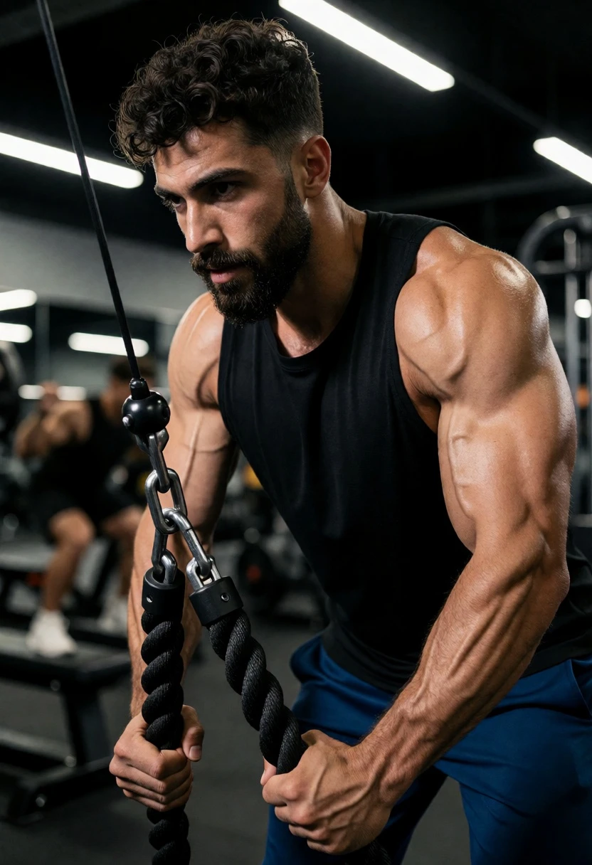 Muscular man performing tricep pushdown exercise in modern gym setting - AI generated image prompt sample