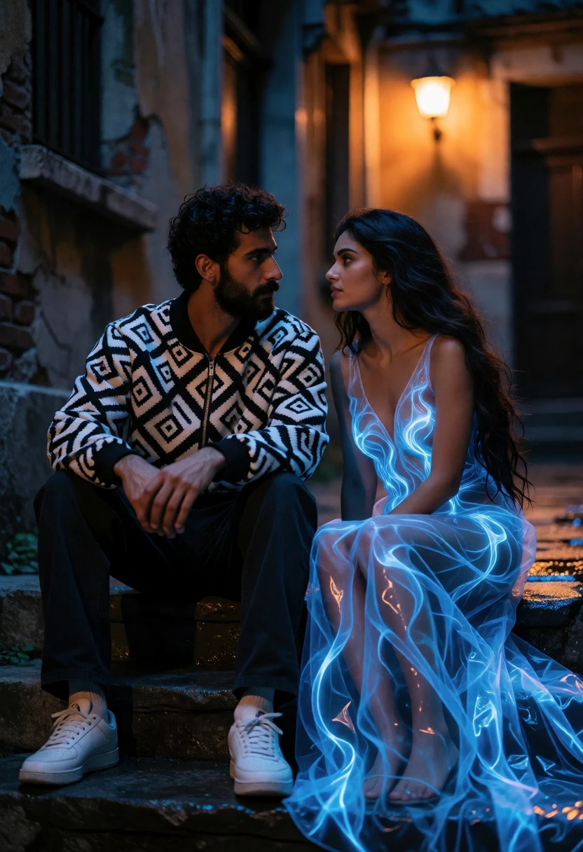 Couple seated on wet stone steps in an urban alleyway at night - AI generated image prompt sample