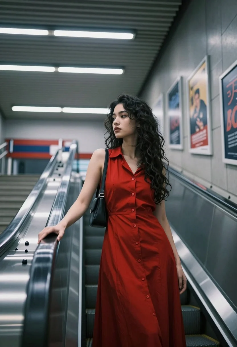 Woman in red midi dress leaning on escalator railing inside subway station - AI generated image prompt sample