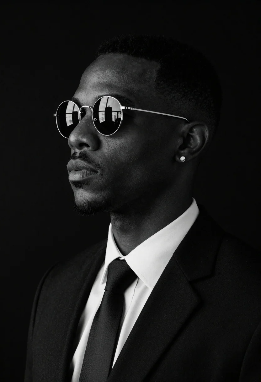 Black and white studio portrait of man with sunglasses