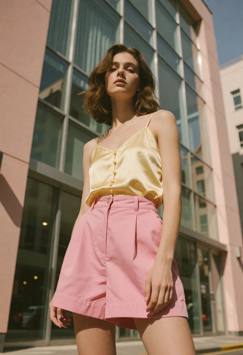 Young woman standing confidently against modern building glass windows - AI generated image prompt sample