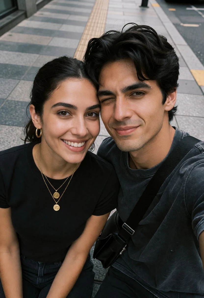 High angle selfie of smiling couple on paved urban city sidewalk - AI generated image prompt sample