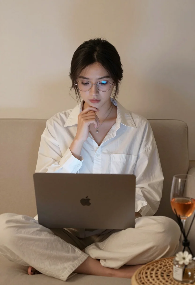 Young woman working on laptop sitting on beige sofa indoors - AI generated image prompt sample