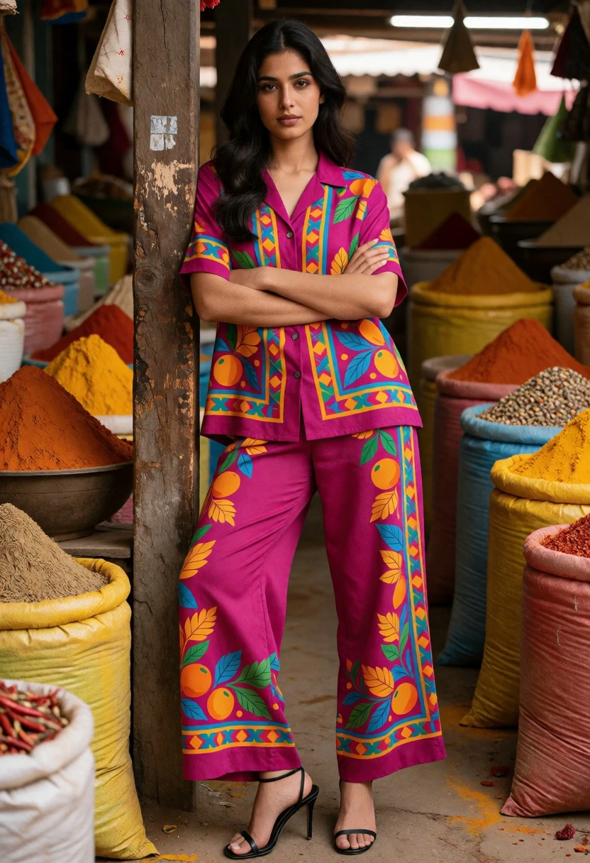 Woman in patterned outfit leaning on pillar in vibrant spice market setting - AI generated image prompt sample