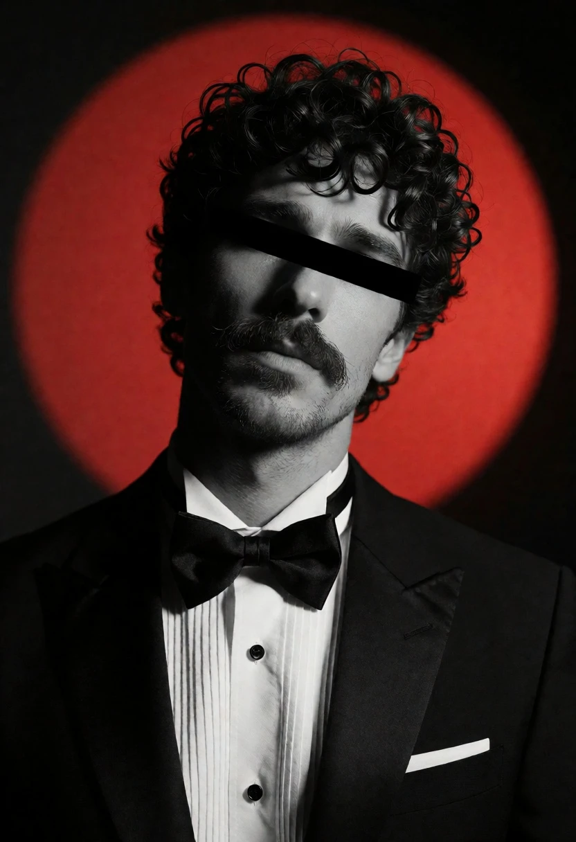 Man in tuxedo against bold red circle backdrop with dramatic lighting - AI generated image prompt sample