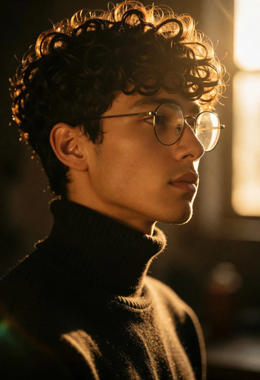 Close up profile portrait of young man with dark curly hair and - AI generated image prompt sample