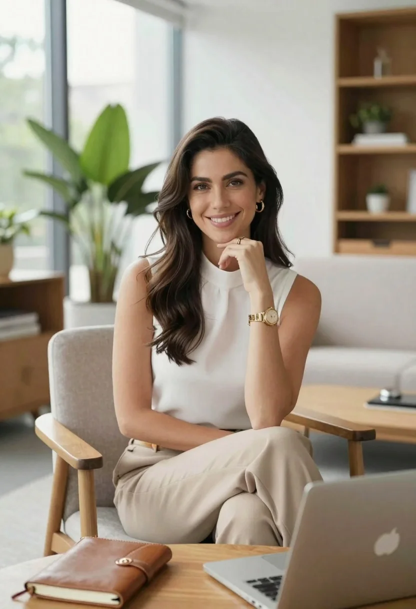 Professional woman with long dark hair sitting in modern office chair - AI generated image prompt sample