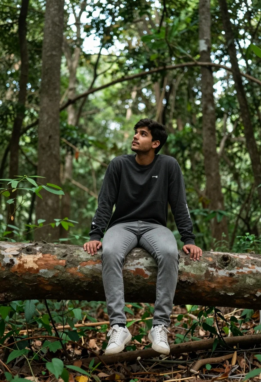 Young man sitting on fallen log in lush forest under soft daylight - AI generated image prompt sample