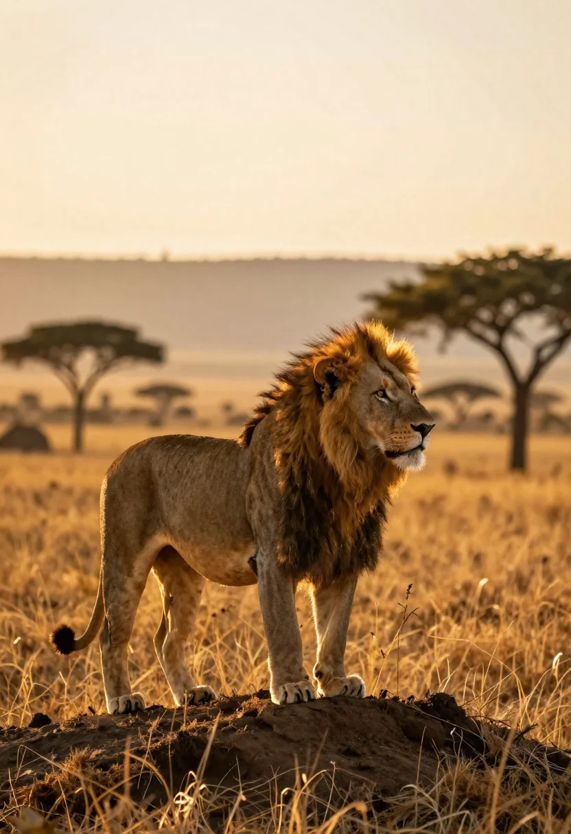 Male lion standing in profile on a mound gazing at savanna landscape - AI generated image prompt sample