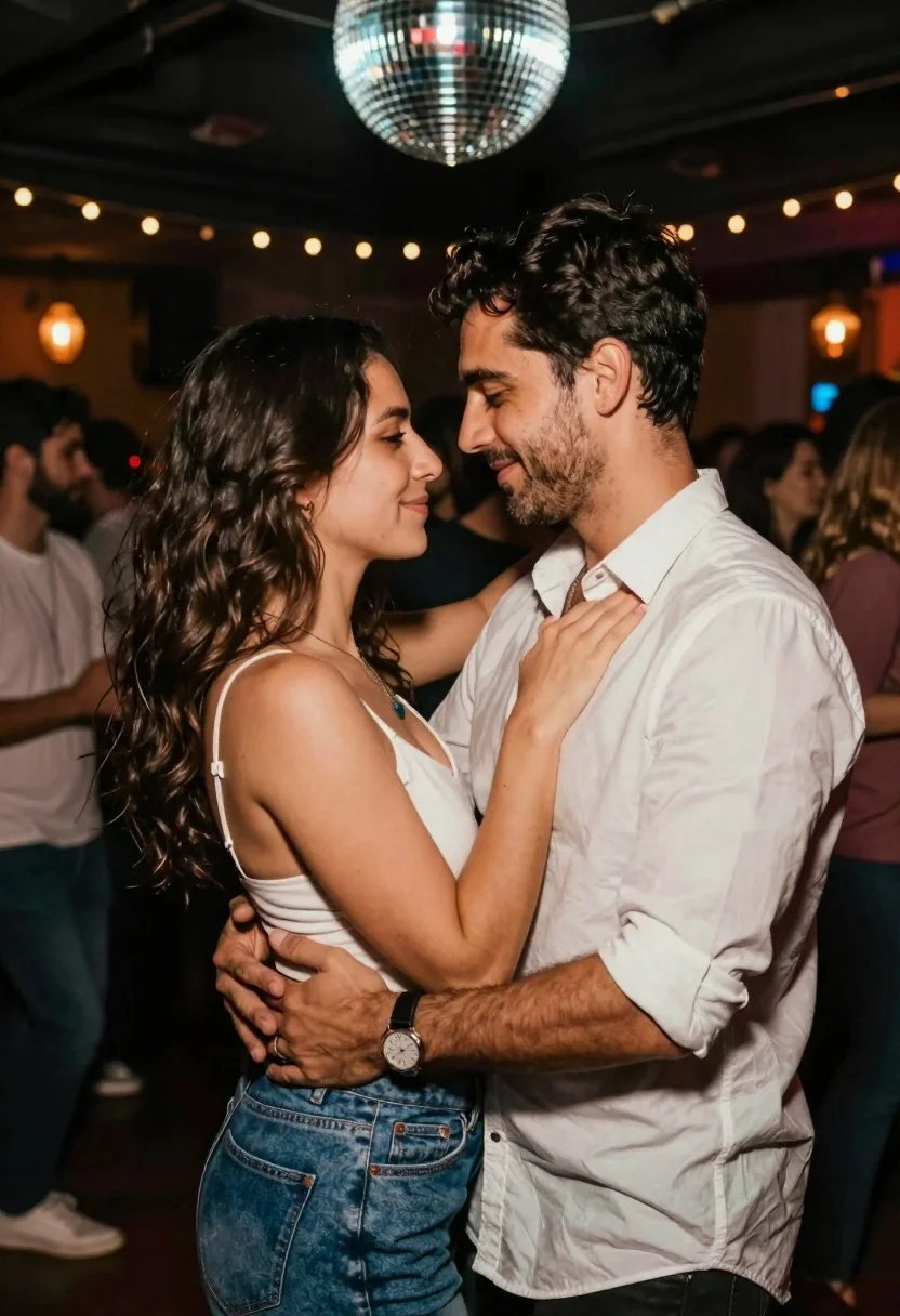 Romantic couple dancing closely in a dimly lit club with a disco - AI generated image prompt sample