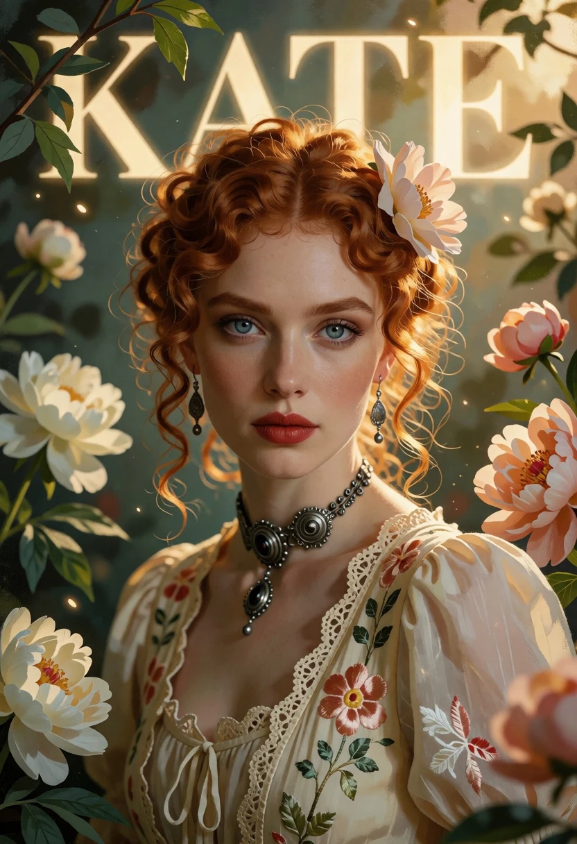 Portrait of woman with red hair and flowers against glowing letters - AI generated image prompt sample