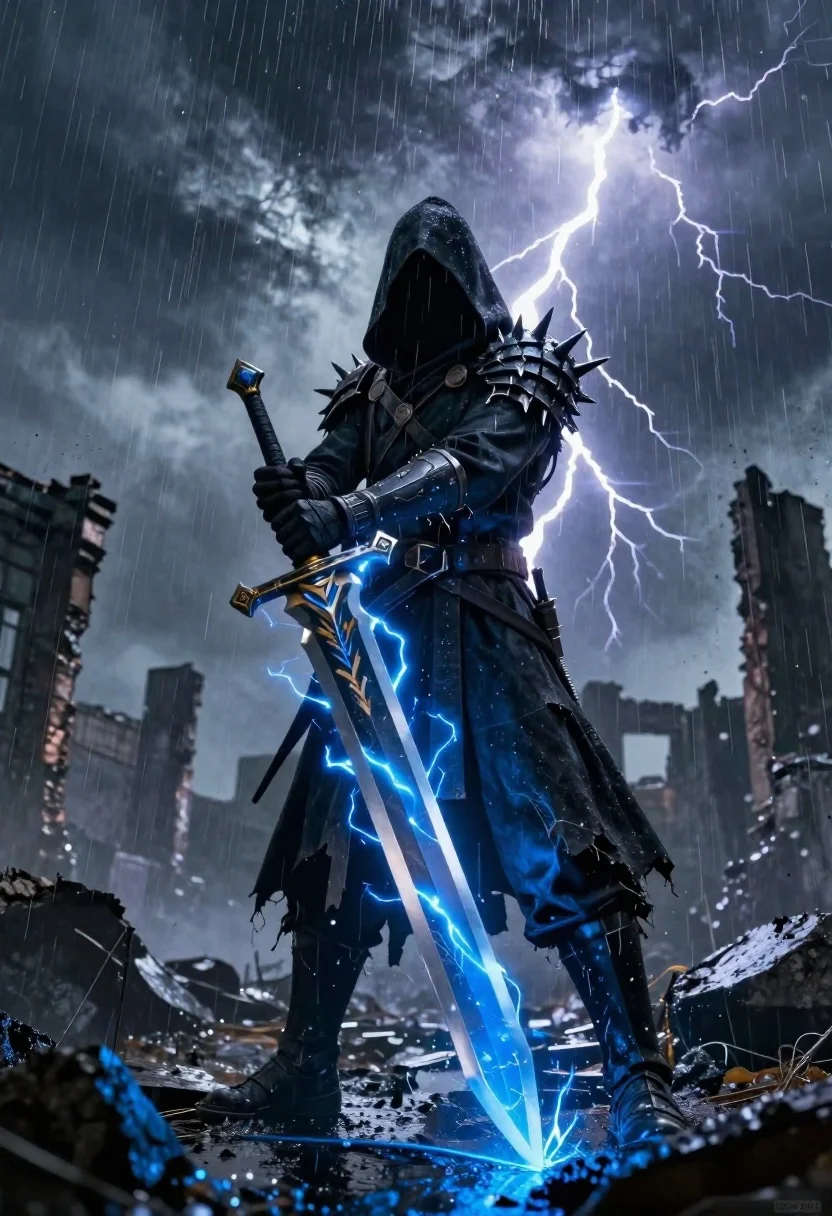 Hooded figure with glowing sword in stormy ruins