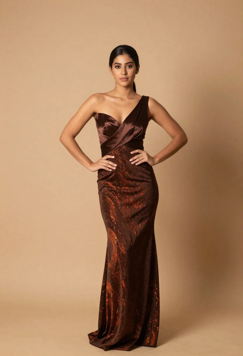 Poised young woman in elegant gown against warm beige backdrop