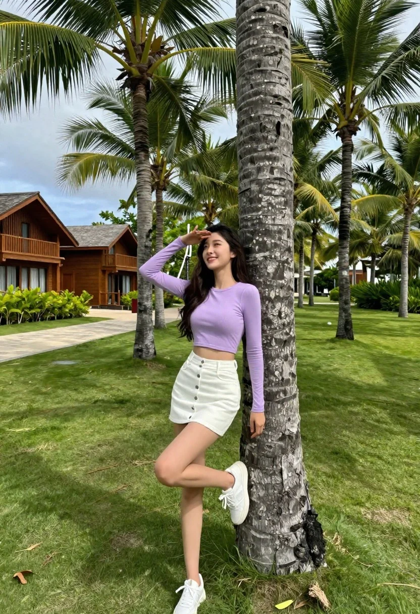 Young woman posing playfully on green lawn near tall palm trees