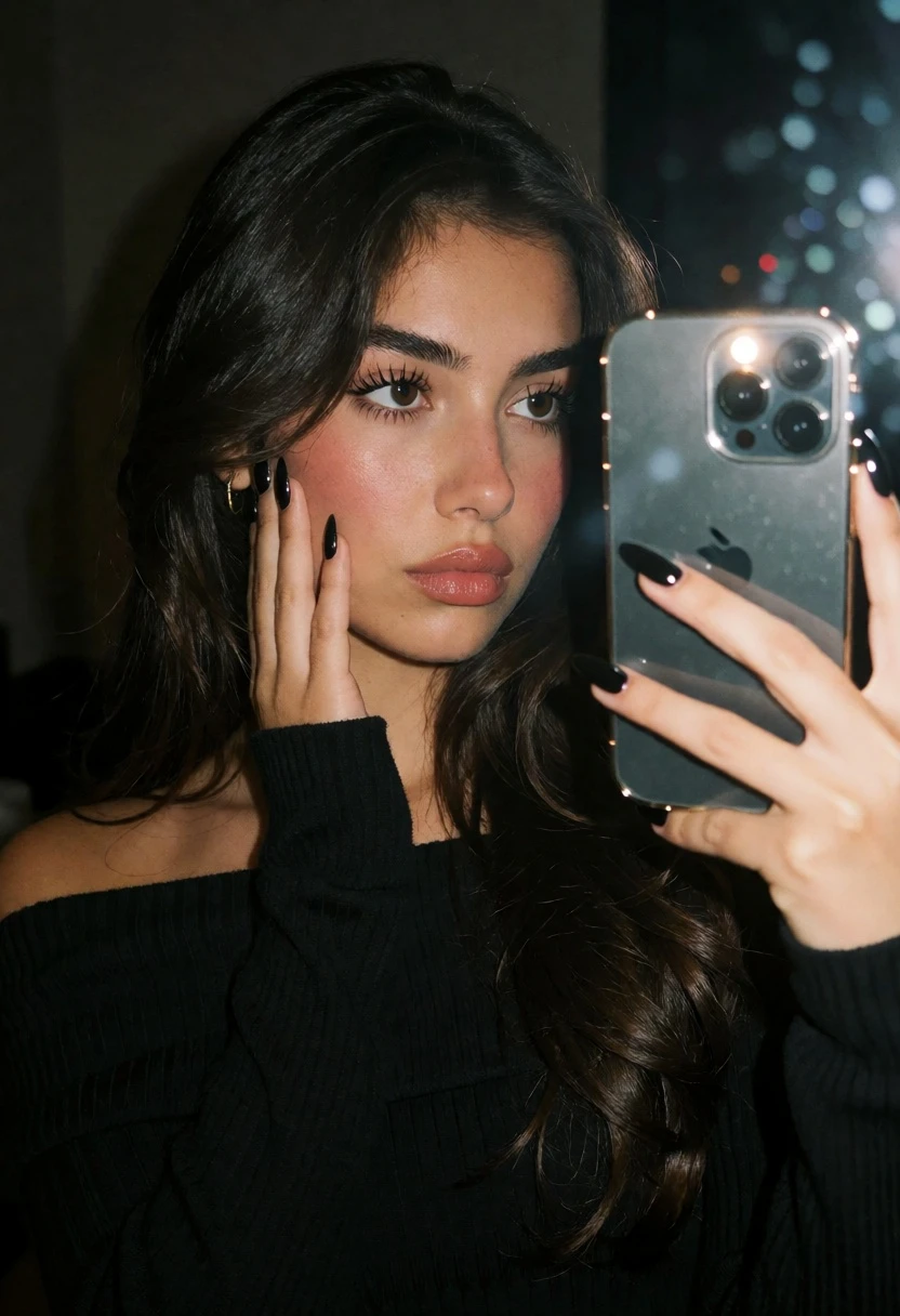 Close up mirror selfie of young woman with dark hair at night - AI generated image prompt sample