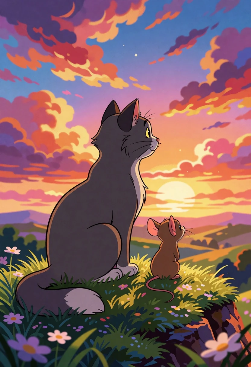 Gray cat and brown mouse sitting together overlooking rolling hills at sunset - AI generated image prompt sample