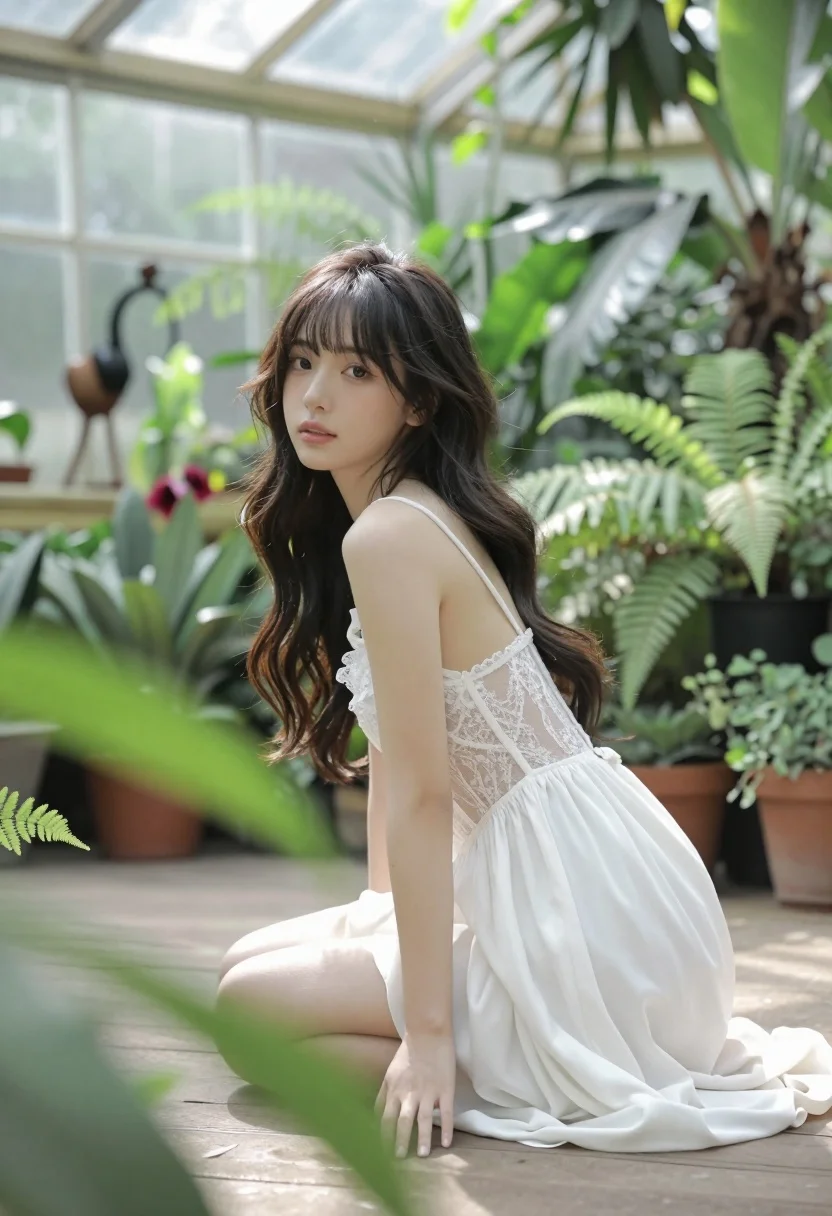 Young woman in white lace slip dress crouching in lush tropical greenhouse - AI generated image prompt sample