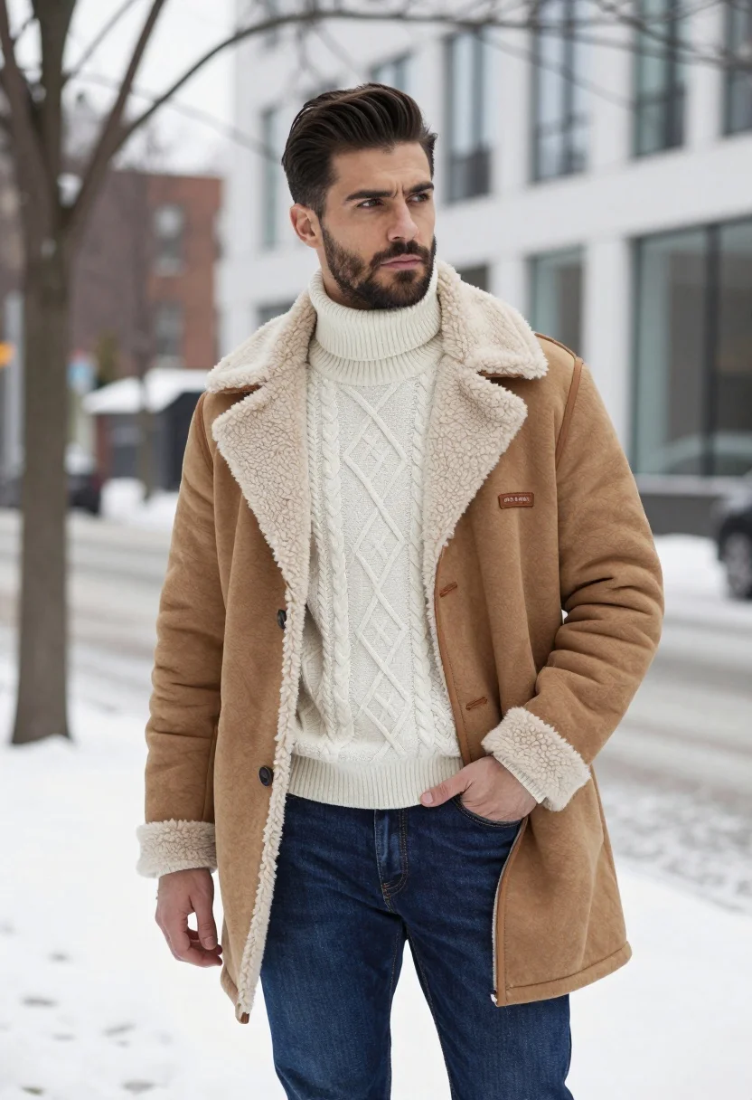 Stylish man in tan coat standing on snowy city street background - AI generated image prompt sample