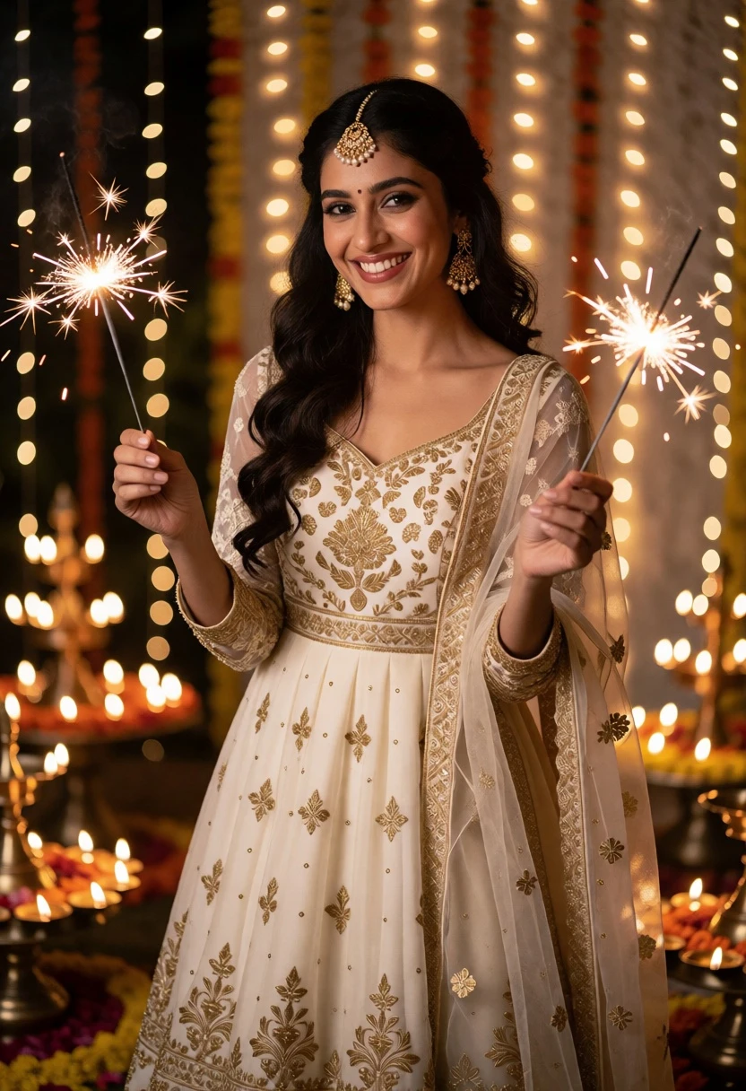 Smiling woman in cream embroidered gown holding lit sparklers at festival - AI generated image prompt sample