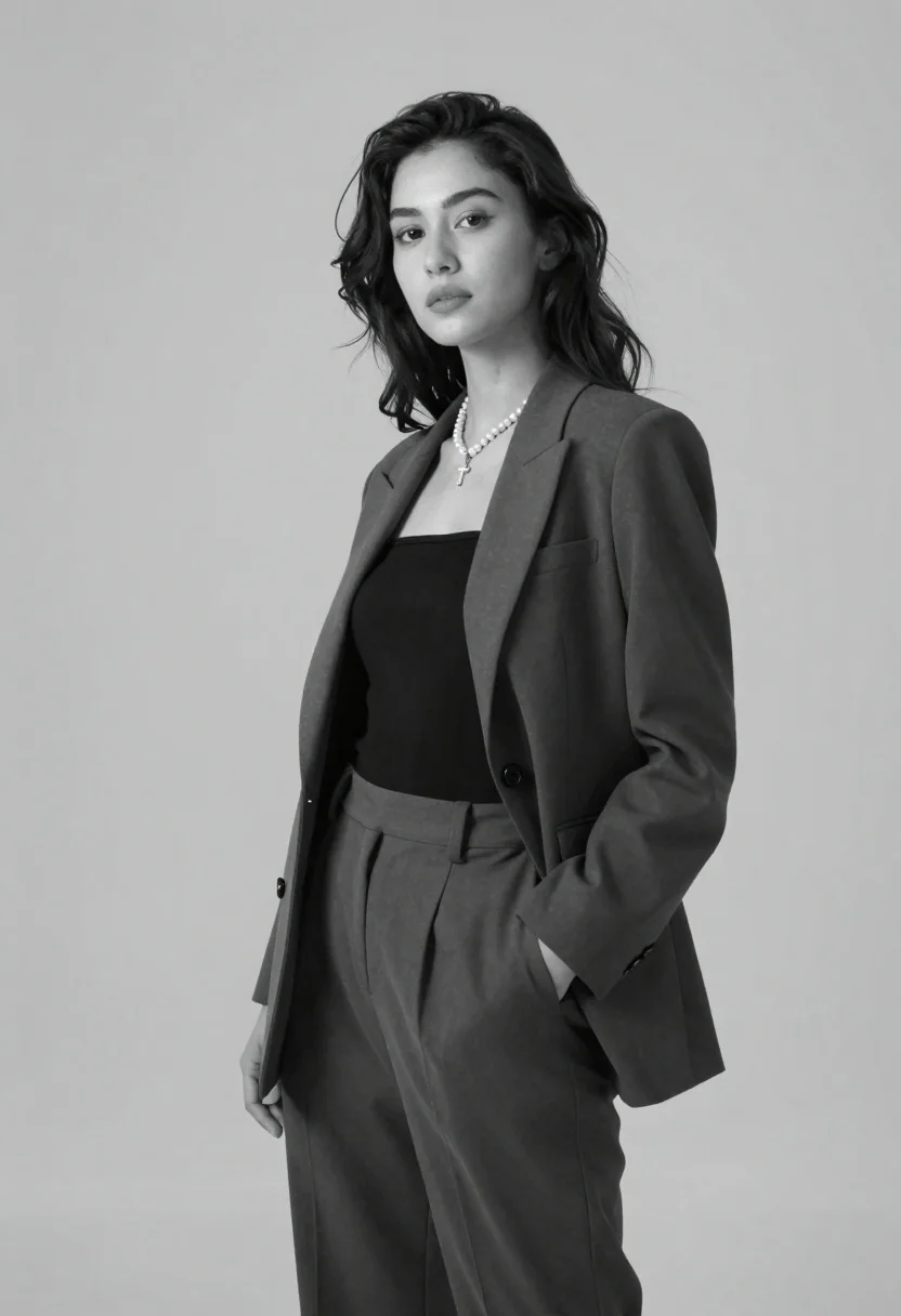 Black and white portrait of confident woman in blazer - AI generated image prompt sample