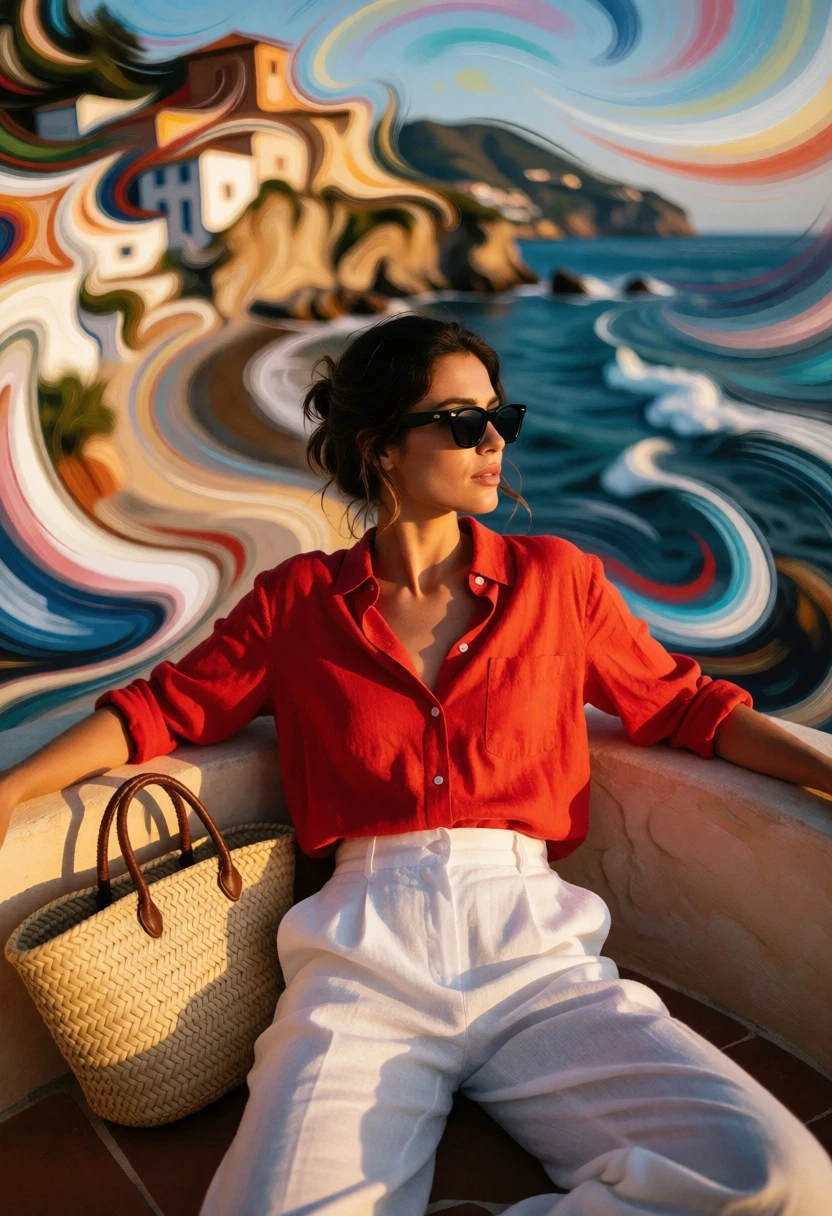 Woman sitting on curved surface against abstract swirling coastal cliffs background - AI generated image prompt sample